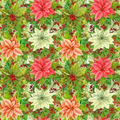 Watercolor hand drawn colorful floral seamless pattern with holly leaves , holly berry and poinsettia flower - natural winter seamless pattern on white - christmas background.