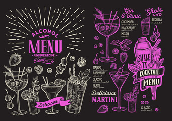 Cocktail drink menu template for restaurant with doodle hand-drawn graphic.