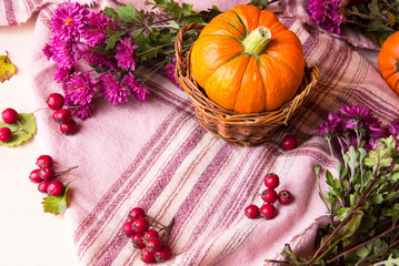 Autumn background with pumpkins in basket, red berries and flowers, copy space. Happy Thanksgiving Day Background. Halloween pumpkin. Autumn Harvest Festival. Still life with pumpkin.Organic vegetable