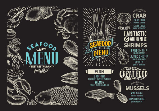 Seafood menu food template for restaurant with doodle hand-drawn graphic.