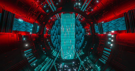 Data center powerful quantum computer futuristic sci-fi computing station sci-fi corridor spaceship 3d rendering