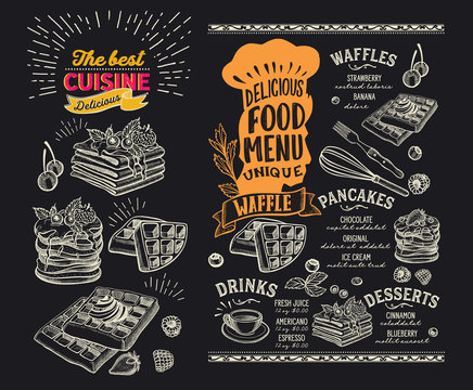 Waffle and pancake food menu template for restaurant with lettering.