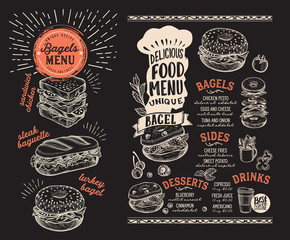 Bagel and sandwich menu for restaurant with food graphic illustrations.