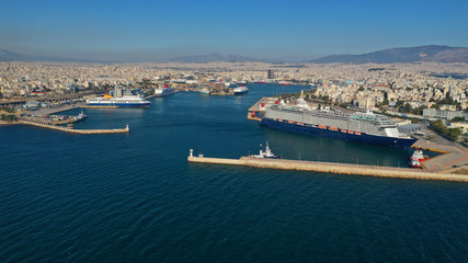 Aerial photo of famous busy port of Piraeus one of the largest in Mediterranean, Attica, Greece