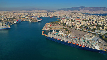 Fototapeta na wymiar Aerial photo of famous busy port of Piraeus one of the largest in Mediterranean, Attica, Greece