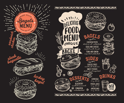 Bagel and sandwich menu for restaurant with food graphic illustrations.