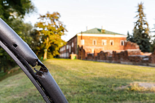 The bridge at the Trekharochny gate in the north of the Brest Fortress. Details of the destruction and traces of fragments received during the defense of the Brest Fortress.