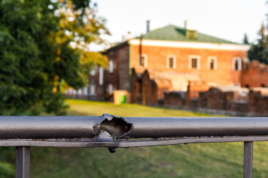 The bridge at the Trekharochny gate in the north of the Brest Fortress. Details of the destruction and traces of fragments received during the defense of the Brest Fortress.