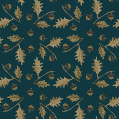 Obraz premium Watercolor acorn on a branch with an oak leaf in brown tones on a dark blue background, seamless pattern