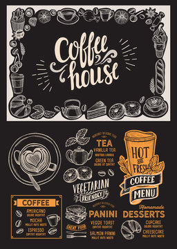 Coffee drink menu template for restaurant with doodle hand-drawn graphic.