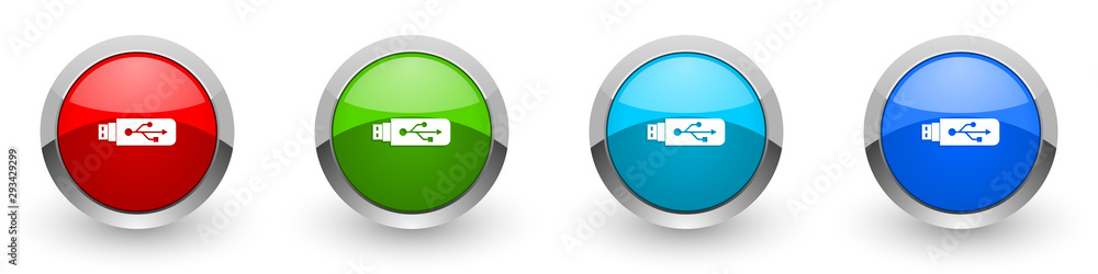 Poster usb silver metallic glossy icons, red, set of modern design buttons for web, internet and mobile app