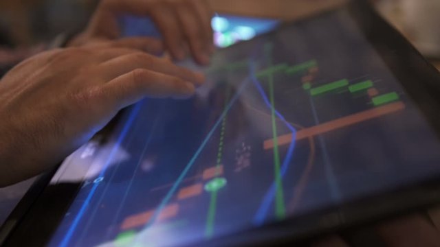 Block-chain, trading online, Cryptocurrency trend graph. Man touching big screen, browse foreign exchange market data, chart. Forex. Crypto currency. Bitcoin cryptocurrency. Candle graph. investment