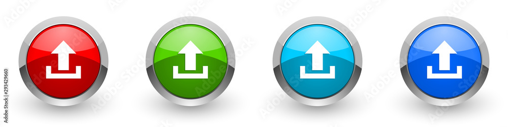 Poster Upload silver metallic glossy icons, red, set of modern design buttons for web, internet and mobile applications in four colors options isolated on white background