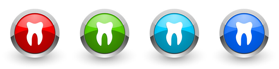Tooth silver metallic glossy icons, red, set of modern design buttons for web, internet and mobile applications in four colors options isolated on white background