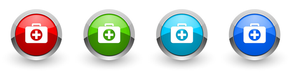 First aid silver metallic glossy icons, red, set of modern design buttons for web, internet and mobile applications in four colors options isolated on white background