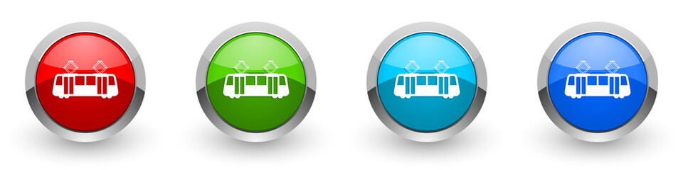 Tram silver metallic glossy icons, red, set of modern design buttons for web, internet and mobile applications in four colors options isolated on white background