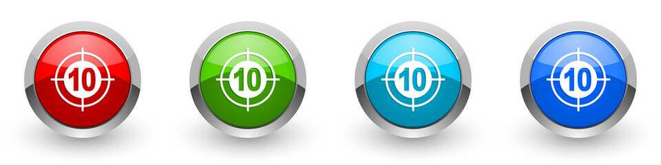 Target silver metallic glossy icons, red, set of modern design buttons for web, internet and mobile applications in four colors options isolated on white background