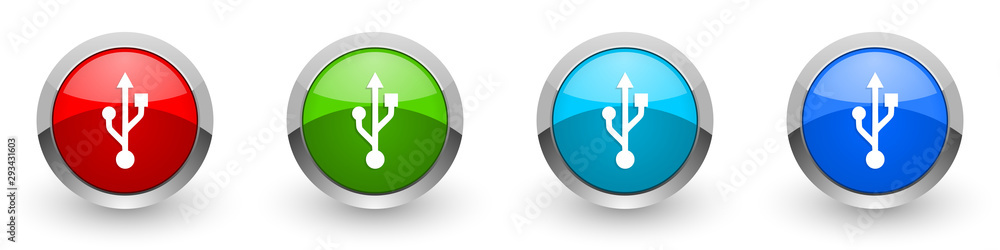 Poster usb silver metallic glossy icons, red, set of modern design buttons for web, internet and mobile app