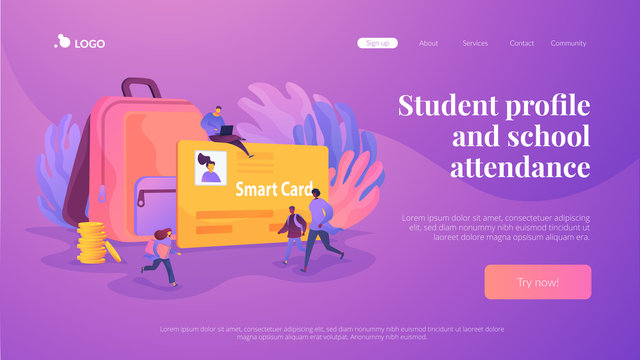 Student profile, school attendance, student identification microchip, school access concept. Website homepage interface UI template. Landing web page with infographic concept hero header image.