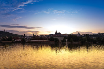 Scenic panorama cityscape view of Moldava river boat Prague in Czech Republic.