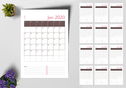 Calendar Planner Layout with Dark Brown and Red Accents