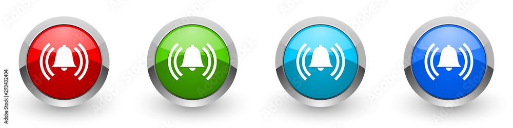 Poster Alarm silver metallic glossy icons, red, set of modern design buttons for web, internet and mobile applications in four colors options isolated on white background