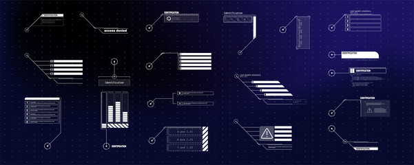 Interface elements HUD, UI, GUI. Vector Callout Titles set.  Futuristic callout bar labels, information call box bars and modern digital info boxes layout templates. Callouts titles in HUD style.