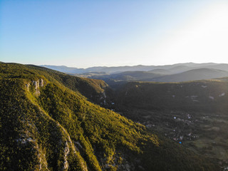 Aerial view of mountains by the canyon of Unac river near the Martin Brod in Bosnia and Herzegovina