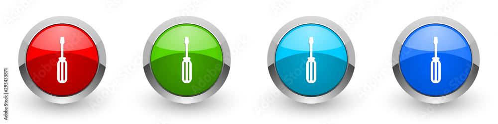Poster Tool silver metallic glossy icons, red, set of modern design buttons for web, internet and mobile applications in four colors options isolated on white background