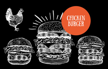 Hand drawn illustration of chicken burger for menu.
