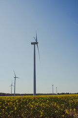 Bright blue sky moving and wind turbine