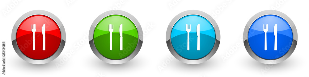 Poster eat silver metallic glossy icons, red, set of modern design buttons for web, internet and mobile app
