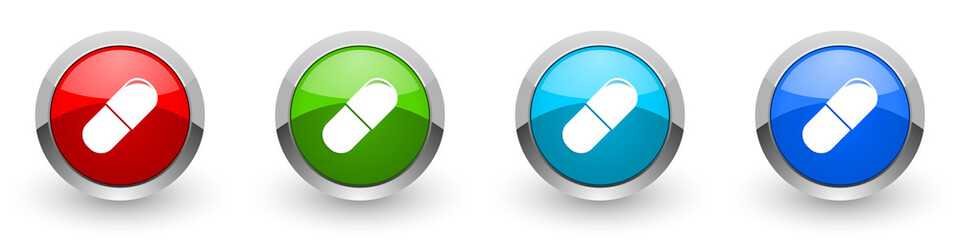 Drugs silver metallic glossy icons, red, set of modern design buttons for web, internet and mobile applications in four colors options isolated on white background