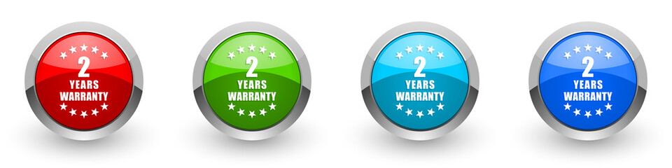 Warranty guarantee 2 year silver metallic glossy icons, red, set of modern design buttons for web, internet and mobile applications in four colors options isolated on white background