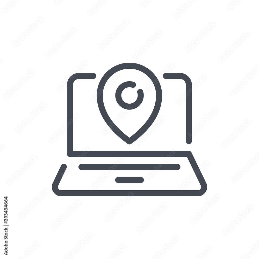 Poster online map line icon. laptop with location pointer vector outline sign.