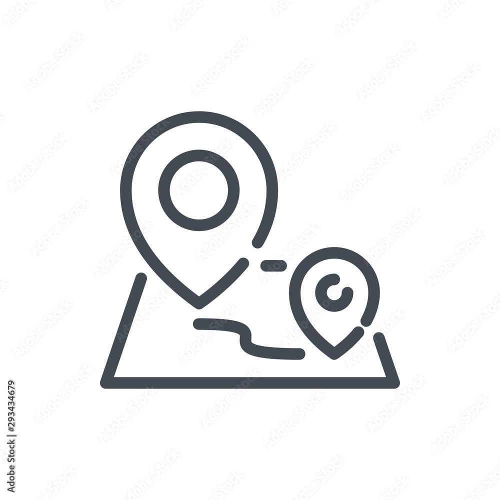 Poster trip distance line icon. map with two location pointers vector outline sign.