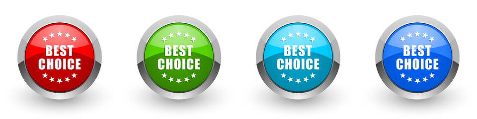 Best choice silver metallic glossy icons, red, set of modern design buttons for web, internet and mobile applications in four colors options isolated on white background
