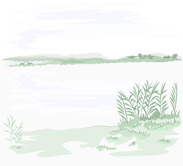 Autumn landscape calm  lake and cloudy sky and reeds nature background vector illustration editable hand draw