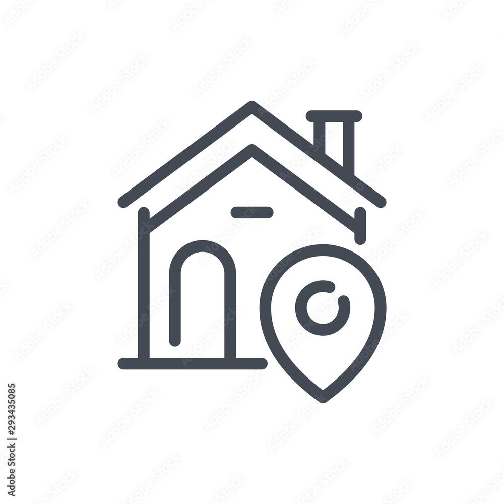 Poster home location line icon. house with pointer vector outline sign.