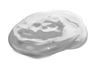 Squeezed cosmetic clear cream gel texture Iisolated on white background. Close up photo of transparent drop of skin care product. High Quality transparent gel with bubbles closeup on white background