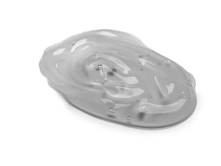 Squeezed cosmetic clear cream gel texture Iisolated on white background. Close up photo of transparent drop of skin care product. High Quality transparent gel with bubbles closeup on white background
