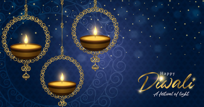 Happy diwali festival banner gold indian candle