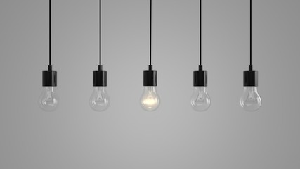 Hanging Light Bulbs in front of a light grey background (3D-Illustration), one glowing bulb, Concept for Ideas, Creativity, Energy
