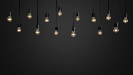 A lot of hanging Light Bulbs in front of a dark black background (3D-Illustration), one glowing bulb, Concept for Ideas, Creativity, Energy