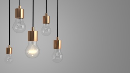 Hanging Light Bulbs in front of a light grey background (3D-Illustration), one glowing bulb, Concept for Ideas, Creativity, Energy