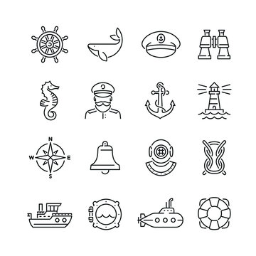 Marine related icons: thin vector icon set, black and white kit