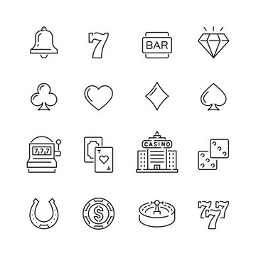 Casino And Gambling Related Icons: Thin Vector Icon Set, Black And White Kit