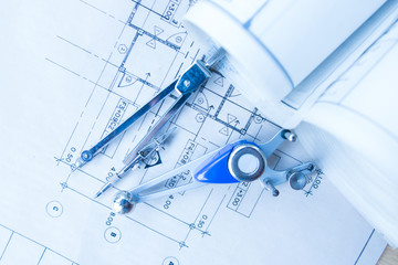 The architectural project,plan,drawing,Construction concept. Engineering tools, solf focus