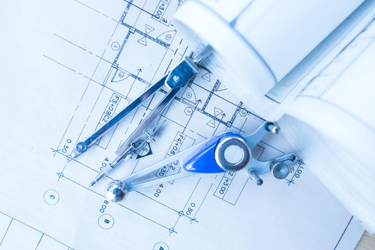The architectural project,plan,drawing,Construction concept. Engineering tools, solf focus