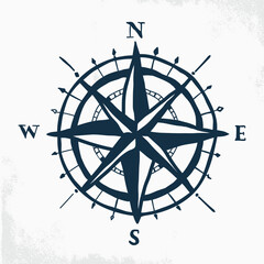 Hand Drawn Vintage Nautical Compass. Compass Wind Rose Vector Design Element. - Vector